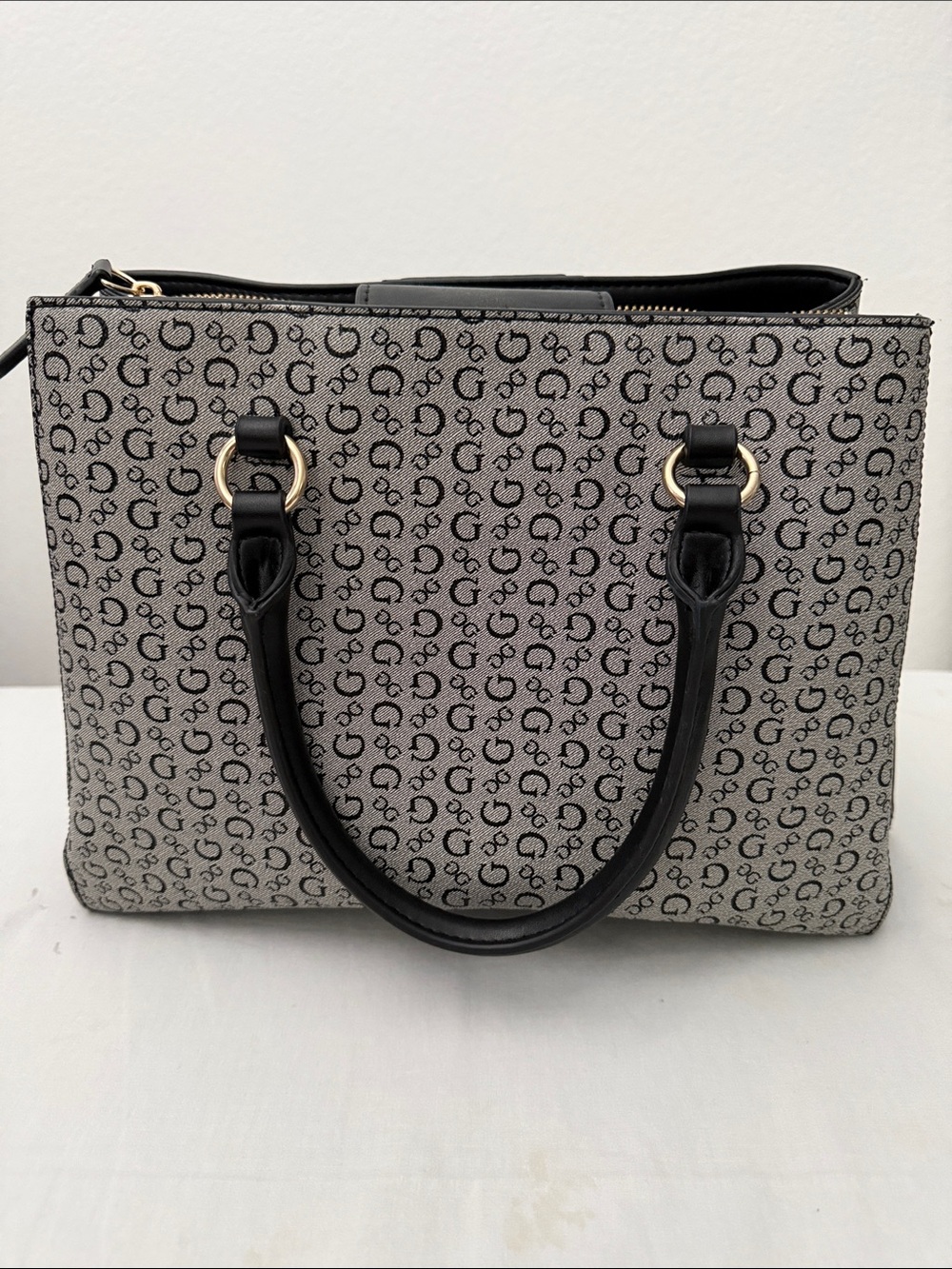 GUESS Gray Monogram Satchel with Black Handles and Gold Accents - Picture 2 of 4